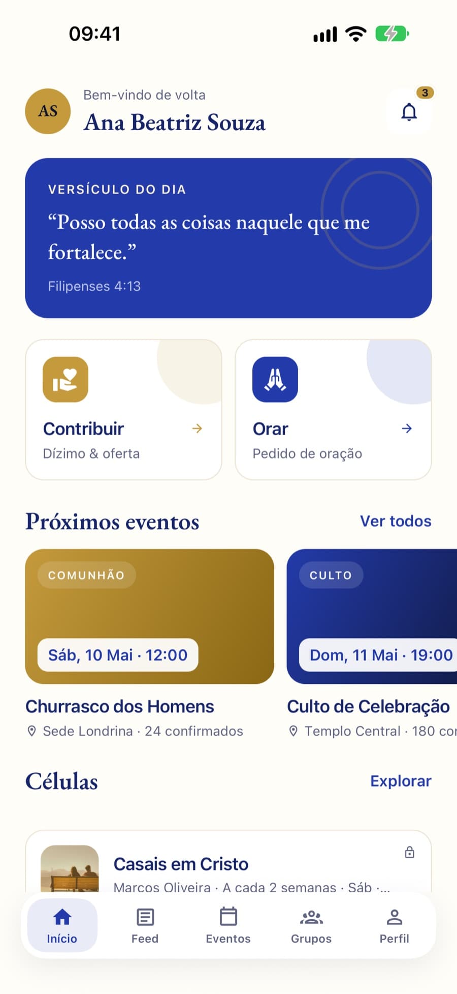 App Religio, tela Início: versículo do dia, atalhos para contribuir e orar, e células