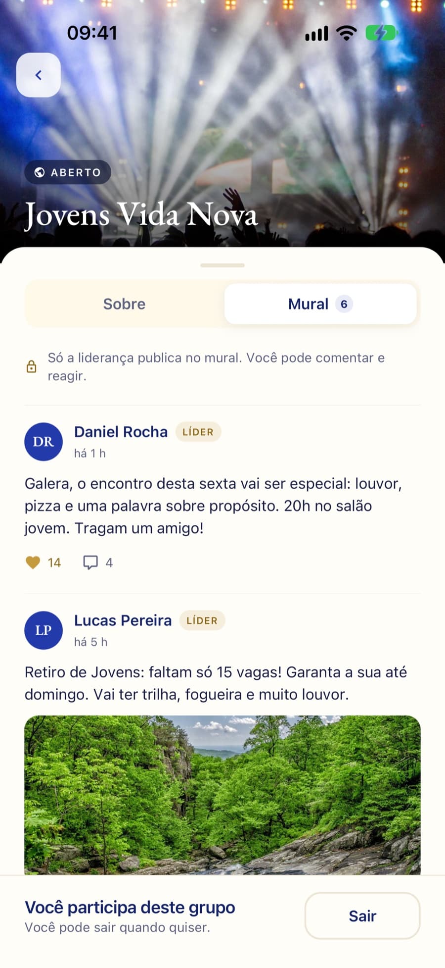 App Religio, mural do grupo Jovens Vida Nova: posts da liderança com curtidas e comentários