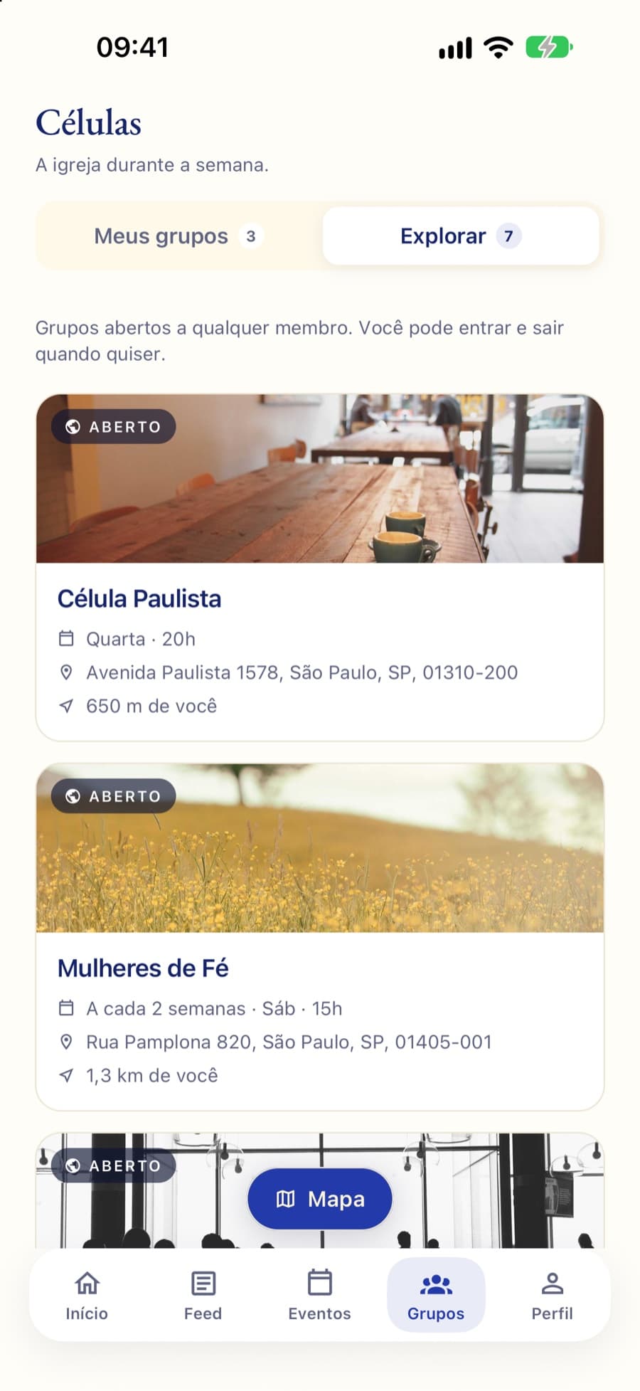 App Religio, explorar células abertas com distância e botão de mapa
