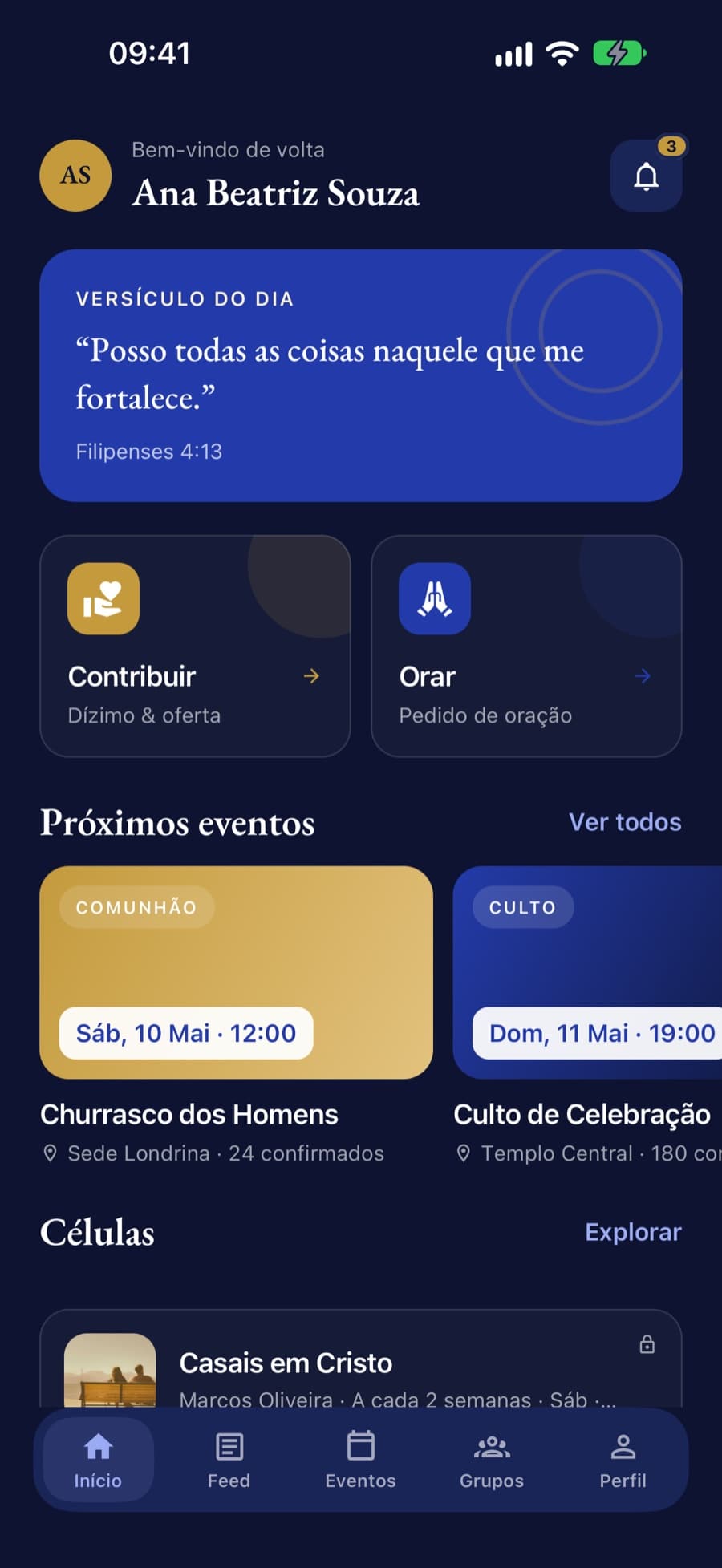 Tela Início do app no modo escuro
